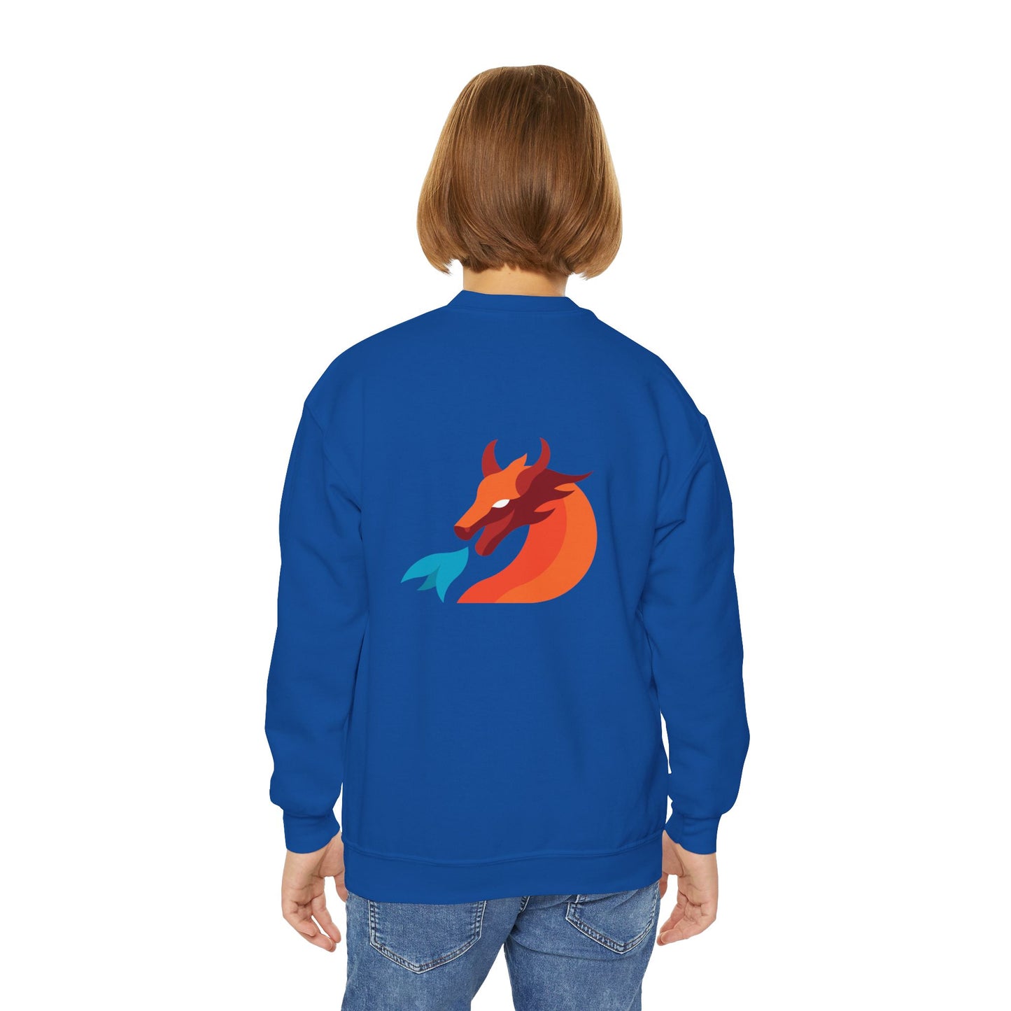 “Dragons” Blue Text Front + Fiery Dragon Back — Youth Sweatshirt