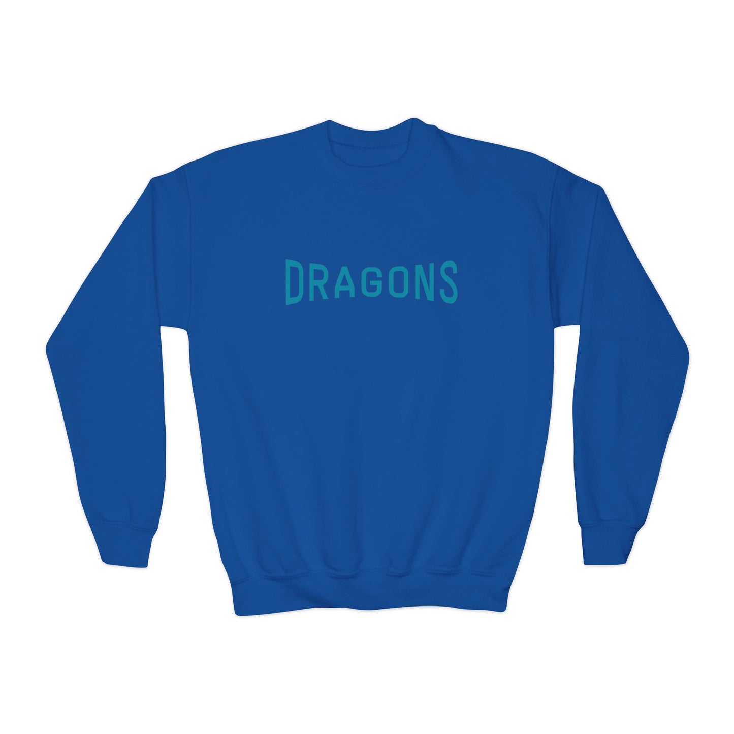 “Dragons” Blue Text Front + Fiery Dragon Back — Youth Sweatshirt