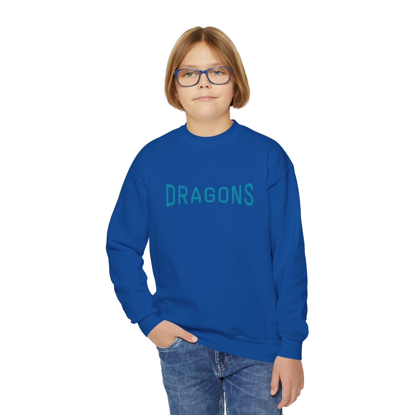 “Dragons” Blue Text Front + Fiery Dragon Back — Youth Sweatshirt